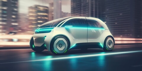 Poster - Futuristic electric car driving on urban highway road. distinct generative AI image.
