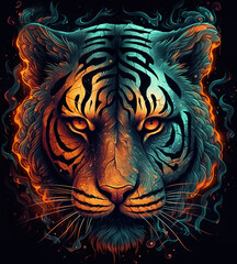  A tiger head with flames in the background. Generative AI.