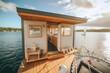 A small house on a dock with a boat in the water. Generative AI. Tiny house, houseboat.