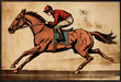 Jockey im Galopp auf seinem Pferd / Pferderennen / Vintage Illustration / ai-generiert
