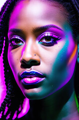 Wall Mural - portrait of a black woman with creative makeup, neon, iridescent. Generative AI