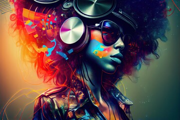 Wall Mural - Abstract art in overlapped musician with hairstyle decorated by instrument design. Concept of captivated in exotic music styles with cyberpunk color. Glorious generative AI.