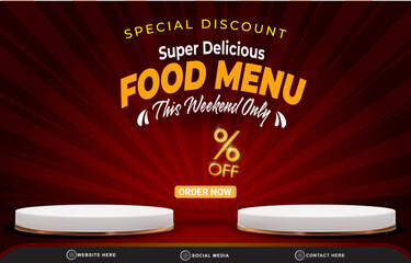 special discount super food menu sale social media post tempate banner with copy space 3d podium with abstract gradient dark red background design