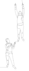 Poster - One continuous line of Male pointing with finger at another man. Thin Line Illustration vector concept. Contour Drawing Creative ideas.