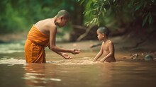 Monk And Boy Playing Water In The River, Generative AI