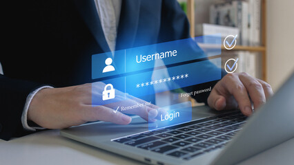 Poster - Businessman use laptop login register username and password identity on virtual screen of cyber security, data protection and secured internet access, cybersecurity.