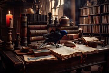Wall Mural - Vintage interior with mysterious vintage table piled with books, a candlestick and a raven. Neural network AI generated art Generative AI