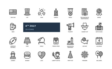 4th july independence day of usa patriotism and nationality detailed outline line icon set