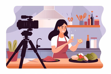 Generative AI. Girl Blogger Making Video Content For A Food Blogger.  tutorial video bloger at home with camera. Vlogging profession, Online translation. 