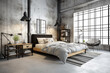 © Tahsin - interior of a room Stylish Modern Loft Bedroom with Industrial Elements, Generative AI