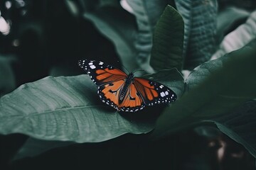 Canvas Print - colorful butterfly perched on a green leaf in nature Generative AI