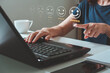 © MUNTHITA - Customer review satisfaction feedback survey concept, woman using laptop computer with customer service and five stars satisfaction rating on the online web application. concept on a virtual screen.