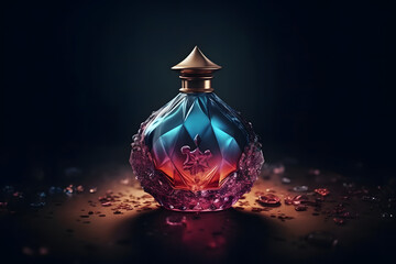 Wall Mural - Beautiful stylish perfume bottle on a dark background. Neural network AI generated art Generative AI