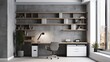 © VERTEX SPACE - home interior design white and clean minimal study room sofa clear light day time nature earth tone material scheme colour image, image ai generate
