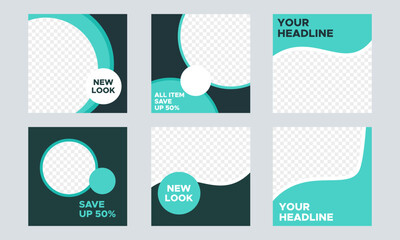 Set of Editable minimal square banner template. Turquoise background color. Suitable for social media post and web internet ads. Vector illustration with photo space