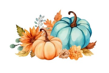 Wall Mural - watercolor pumpkins and autumn leaves Generative AI