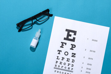 Canvas Print - Eyeglasses with eye test chart and eye drops bottle on blue background. Vision examination, correction