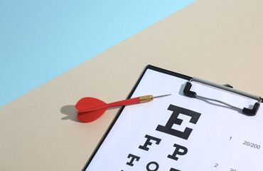 Wall Mural - Darts and Eye test chart on blue beige background. Vision examination