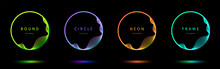 Set Of Glowing Neon Lighting Lines Isolated On Black Background With Copy Space. Blue, Red-purple, Green Illuminate Circle Frames Collection Design. Abstract Cosmic Border. Top View Futuristic Style.
