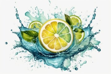 Poster - refreshing slice of lemon with water droplets and leaves Generative AI