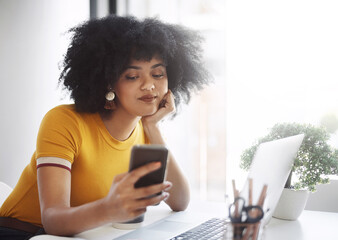Aufkleber - Phone, laptop and bored business woman on social media, browse or texting while working on report or email. Phone, search and female office worker online waiting for text, message or notification