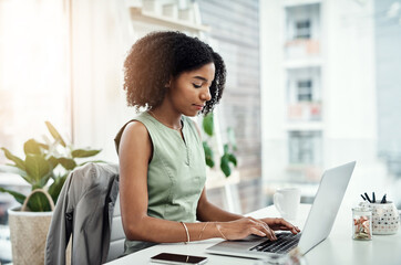 Poster - Business, typing and black woman with a laptop, connection and search internet for website details, information and focus. Female person, entrepreneur and employee with a pc, technology and email