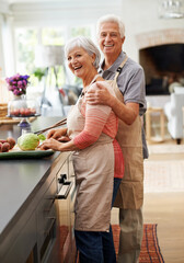 Cooking, food and portrait of old couple in kitchen for salad, love and nutrition. Happy, smile and retirement with senior man and woman cutting vegetables at home for health, dinner and recipe