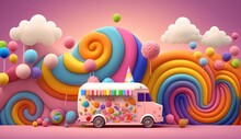 Fantasy Colorful Food Truck Of Candy Land, With Cupcake, Candies, Ice Cream Colorful Background