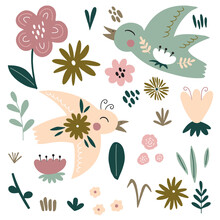 Collection Of Vector Flowers And Birds In Scandinavian Style. Vector Illustration Isolated On White Background For Your Design