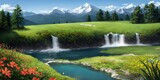 Fototapeta Na ścianę - Scenic Waterfall in the Mountains with Flowers