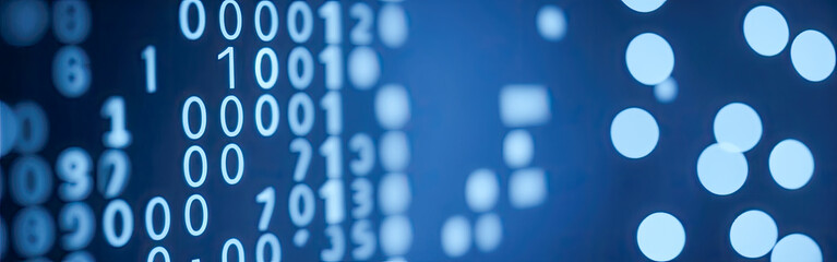 Fototapete - Blue digital binary data code on screen. Abstract tech binary code background in color blue, digital binary data and secure data concept. Close-up shallow DOF. Digital binary code matrix background