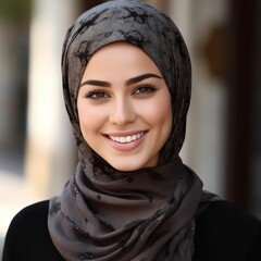 Wall Mural - Smiling beautiful middle eastern teenage girl wearing a hijab looking at the camera. Generative AI