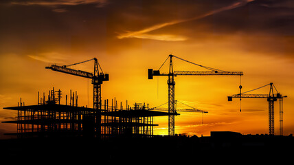 construction cranes silhouette sunset - Generative AI