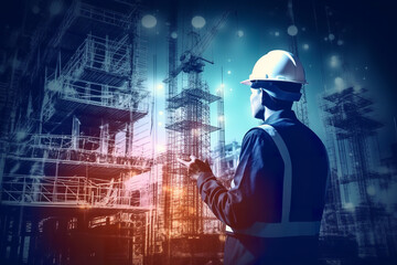 Wall Mural - Future building construction engineering project devotion with double exposure graphic design. Building engineer working with modern civil equipment technology  - Generative AI