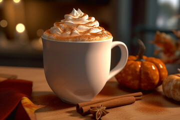 Poster -  A pumpkin spice latte, with whipped cream and cinnamon, served in a cozy mug. Generative AI technology..