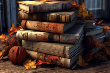 Poster - A stack of old books with autumn-themed covers, such as 