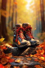 Poster -  A pair of hiking boots on a forest trail, surrounded by the vibrant hues of autumn. Generative AI technology..