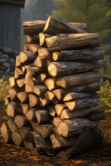 Poster - A stack of firewood, ready to be used for cozy autumn nights.  Generative AI technology..