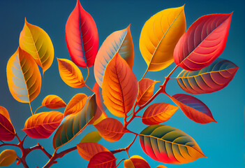 Poster -  A close-up of autumn leaves in various shades of orange, red, and yellow, against a blue sky. Generative AI technology..
