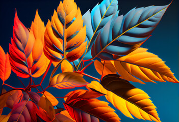 Poster -  A close-up of autumn leaves in various shades of orange, red, and yellow, against a blue sky. Generative AI technology..