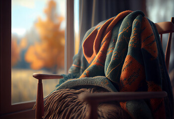 Poster -  A warm, fuzzy blanket draped over a chair in front of a window with an autumn view. Generative AI technology..