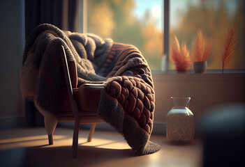 Poster -  A warm, fuzzy blanket draped over a chair in front of a window with an autumn view. Generative AI technology..