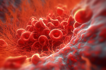 Leinwandbilder - A microscopic view of a blood clot, with platelets and fibrin fibers intertwined.  Generative AI technology..