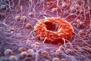 Leinwandbilder - A microscopic view of a blood clot, with platelets and fibrin fibers intertwined.  Generative AI technology..
