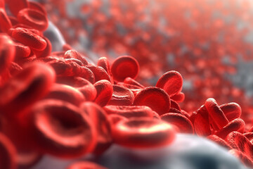 Leinwandbilder - A 3D rendering of a blood vessel with blood cells flowing in one direction.  Generative AI technology..