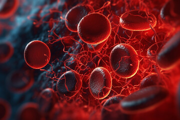 Leinwandbilder - A 3D rendering of a blood vessel with blood cells flowing in one direction.  Generative AI technology..