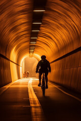 Poster - A creative shot of a cyclist riding through a tunnel or underpass, with interesting lighting and shadows.  Generative AI technology..