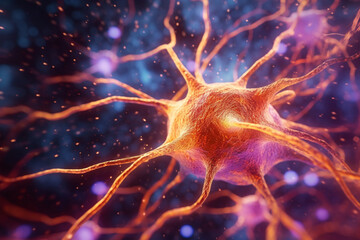 Leinwandbilder - A close-up image of a neuron with branching dendrites and numerous synapses, emphasizing the importance of communication between brain cells.  Generative AI technology..