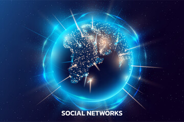 Poster - World globe technology. 3D digital Earth map. Connect with space. Global tech network. Futuristic planet. Social international communication. Internet connection. Vector abstract background