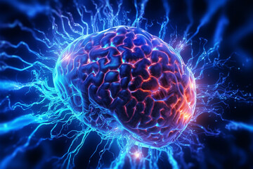 Aufkleber - A digital illustration of a brain with glowing, electric blue synapses, conveying the idea of electrical signals passing between neurons.  Generative AI technology..